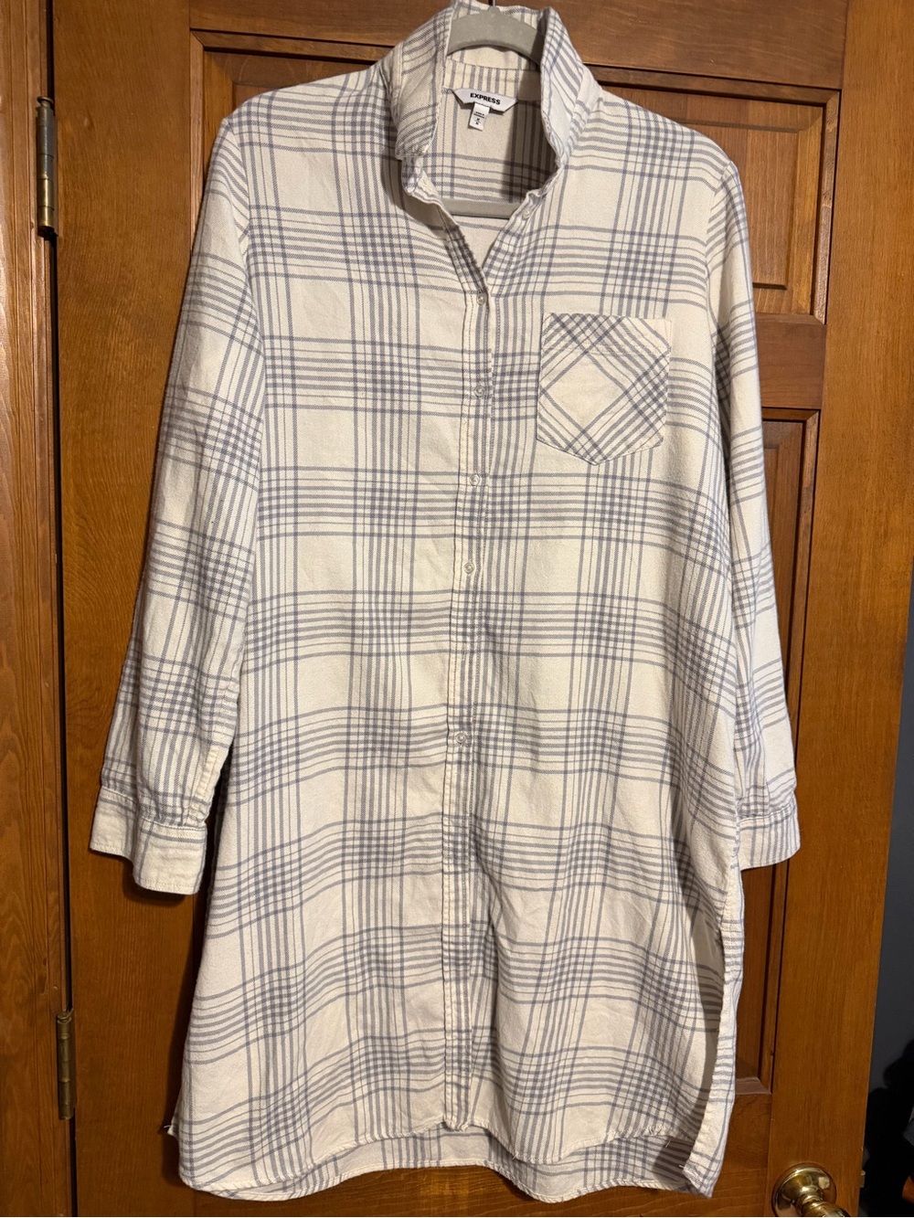 Express Ivory and Light Grey Plaid Tunic Shirt